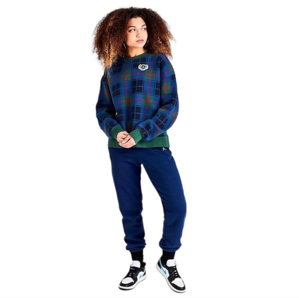Nike Air Jordan Brooklyn Plaid Fleece Crew Sweatshirt Noble Green Rattan